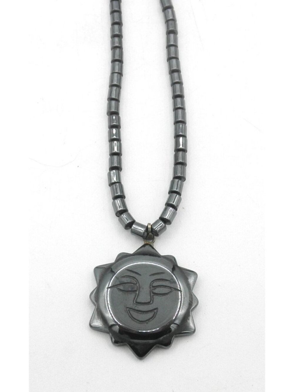 Hematite Beaded Necklace Metallic Gray Black With Sun Face Pendant 17 Inches - Picture 2 of 7